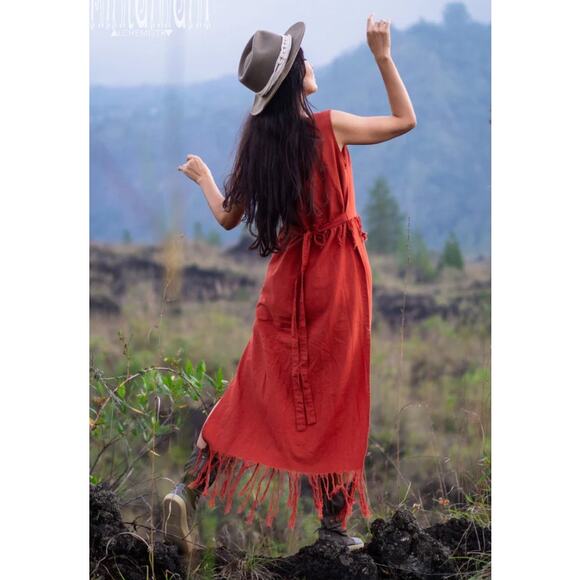 Chintamani Chakruna Raw Cotton Fringe Maxi Dress Women’s XL‎ Ochre Boho Goddess - Picture 12 of 12